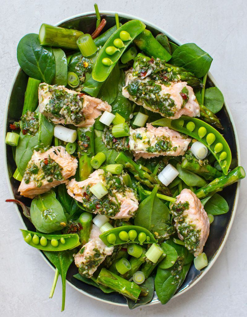 Sheet Pan Salmon and Asparagus with Chimichurri can be turned into a salad with green onions and snap peas.