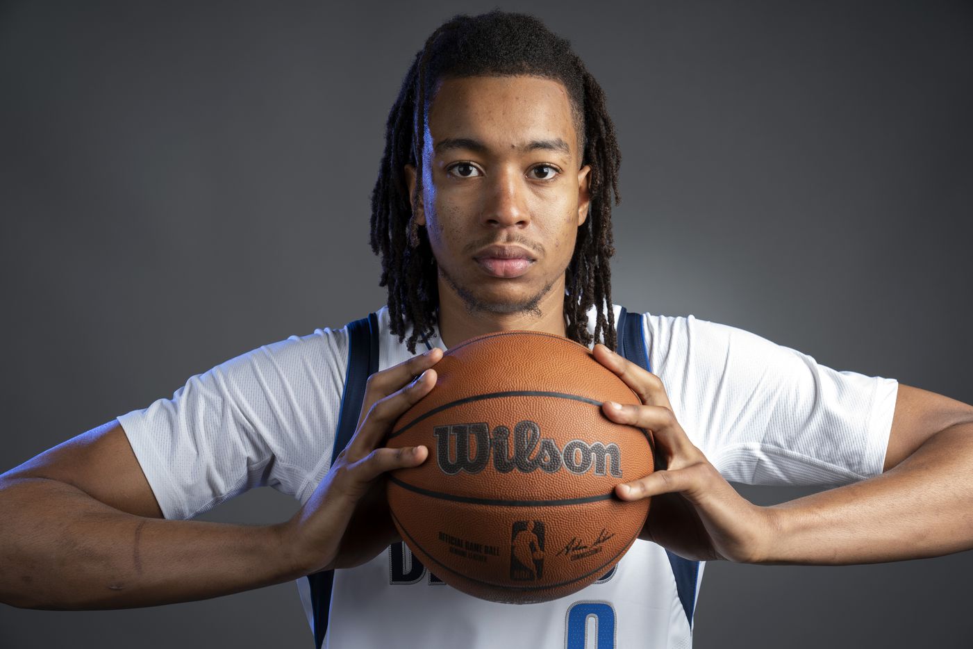 Dallas Mavericks center Moses Brown (9) poses for a portrait during the Dallas Mavericks media day, Monday, September 27, 2021 at American Airlines Center in Dallas. (Jeffrey McWhorter/Special Contributor)