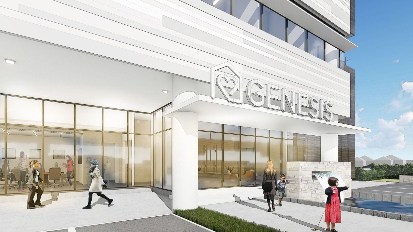 A rendering of the exterior of Genesis Women's Shelter and Support's planned $15 million facility in the Medical District. The 28,600 square foot space will include a children's trauma counseling center and other expanded services.