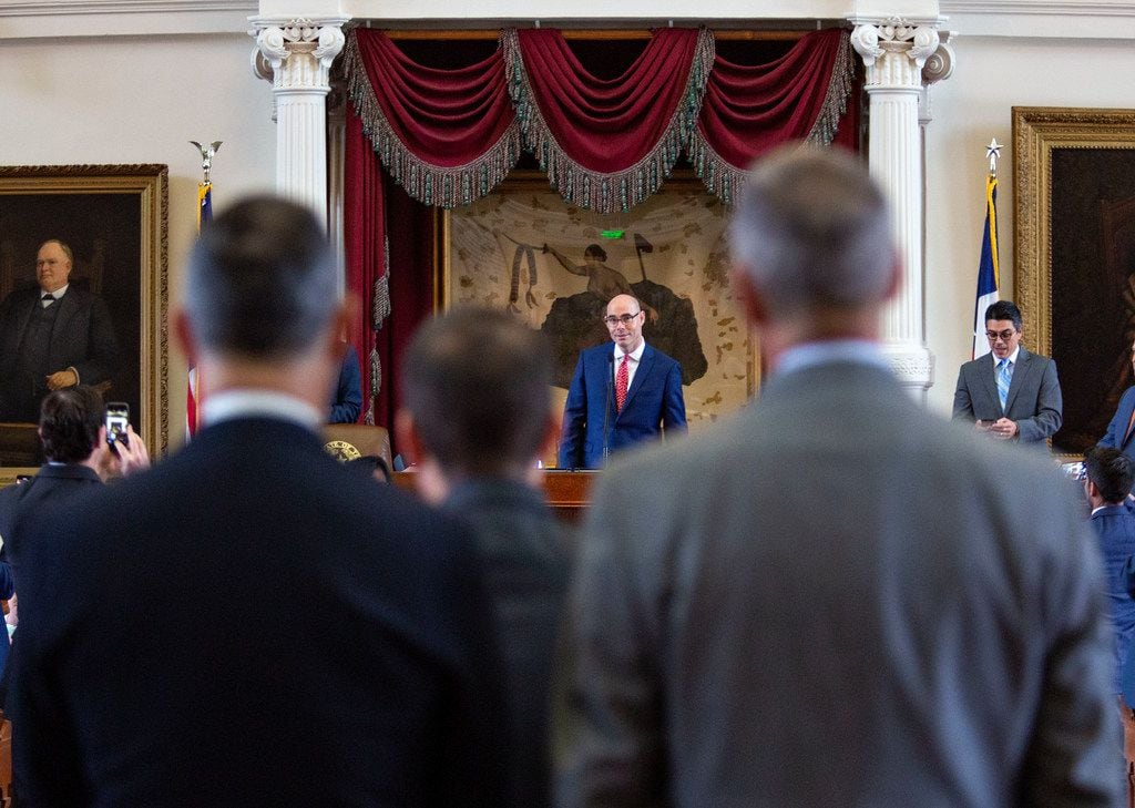 House Speaker Dennis Bonnen listens to the representatives at the back microphone as they prepare for Sine Die at the State Capitol of Texas on May 27, 2019 in Austin, Texas.