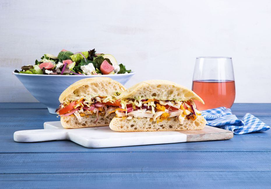 Mendocino Farms serves a "not so fried" chicken sandwich, pictured here, as well as salads. 