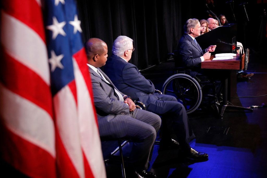 Gov. Greg Abbott speaks Tuesday at the ribbon-cutting for the new Dallas Holocaust and Human...