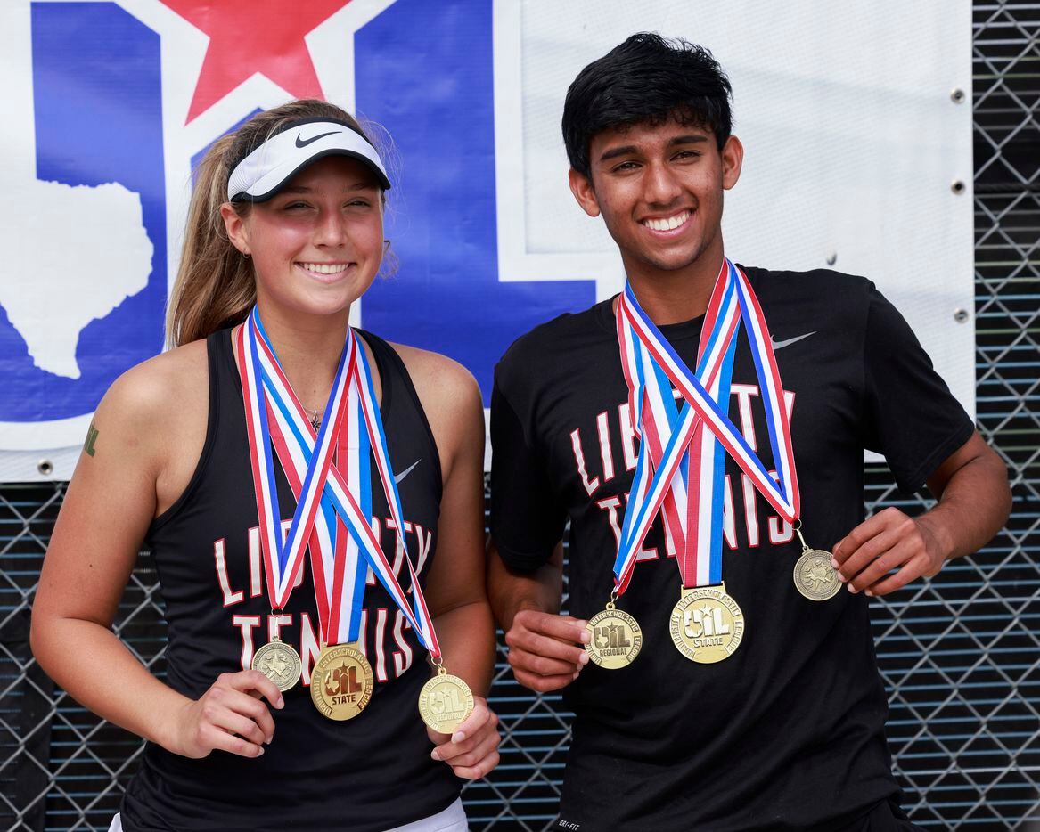 Frisco Liberty’s Milla Dopson (left) and Sanjheev Rao pose for photos with their...