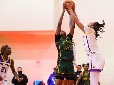 A shot by DeSoto small forward Amari Byles (24) is blocked by Montverde Academy Lety...
