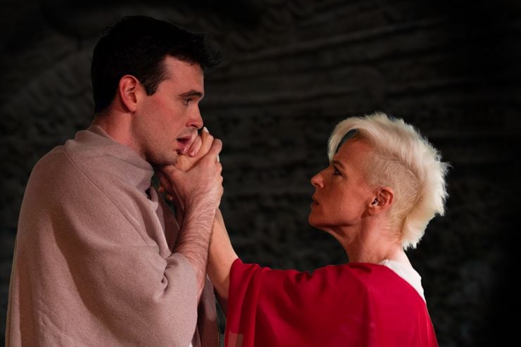 Mac Welch (left) stars as Xerxes and Marianne Galloway as his mother, Queen Atossa, in...