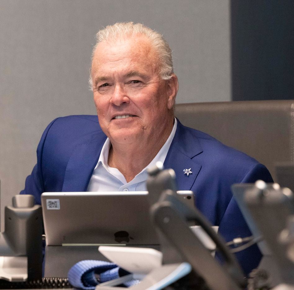 Dallas Cowboys Chief Operating Officer Stephen Jones heads the table in The War Room during...