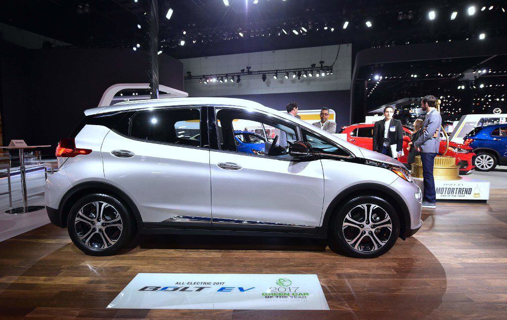 The Chevy Bolt EV, winner of the 2017 Green Car of the Year award, is on display at the LA...