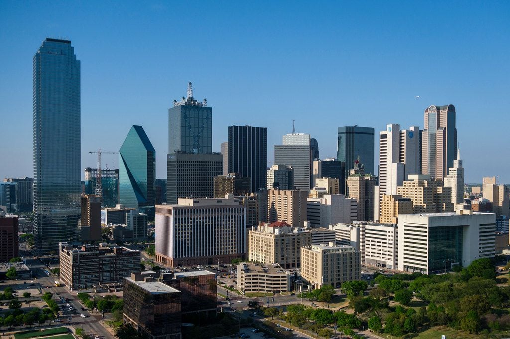 Aerial view of the downtown skyline on Thursday, April 4, 2019, in Dallas. 