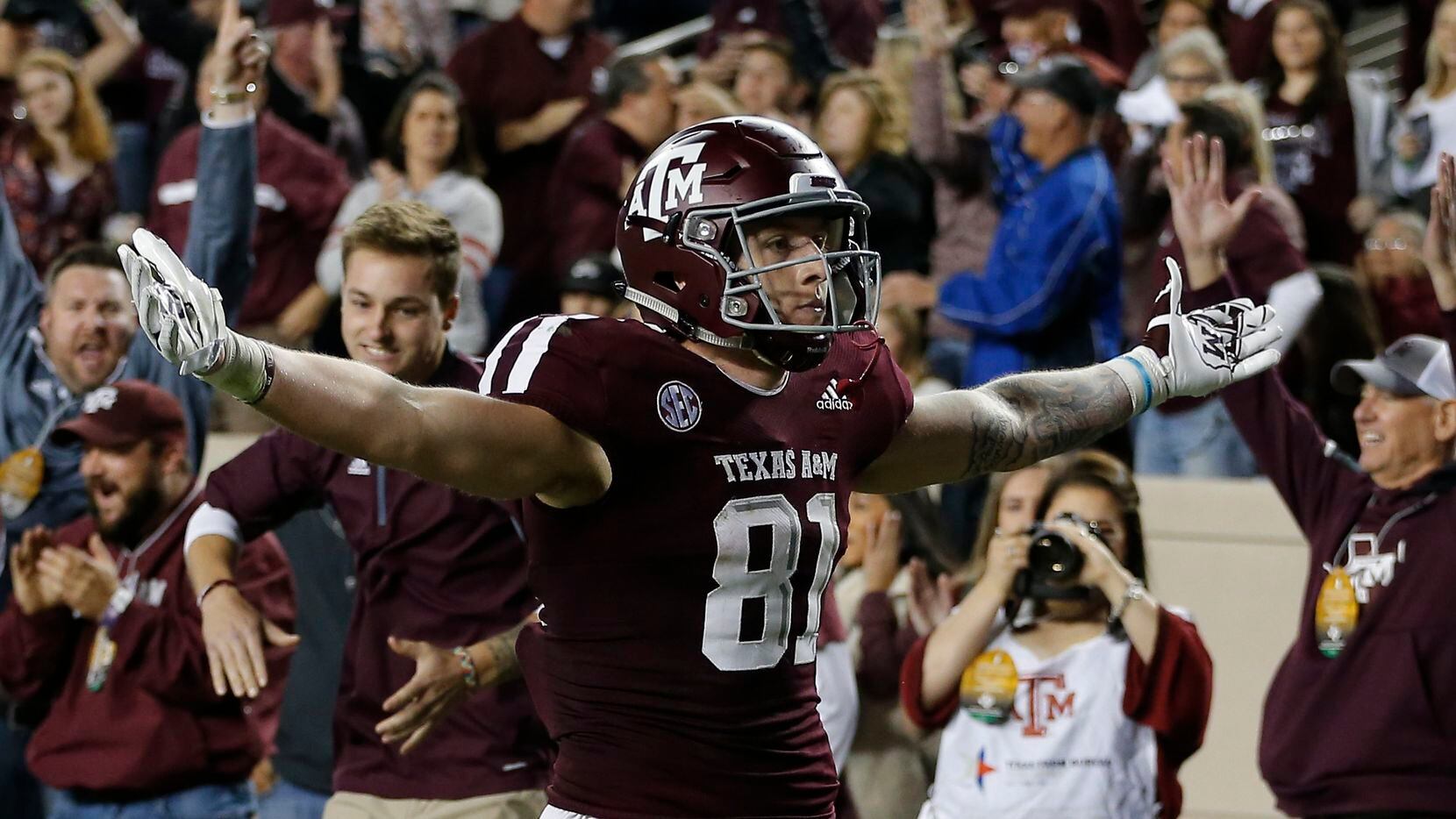 COLLEGE STATION, TEXAS - NOVEMBER 24: Jace Sternberger #81 of the Texas A&M Aggies scores on...