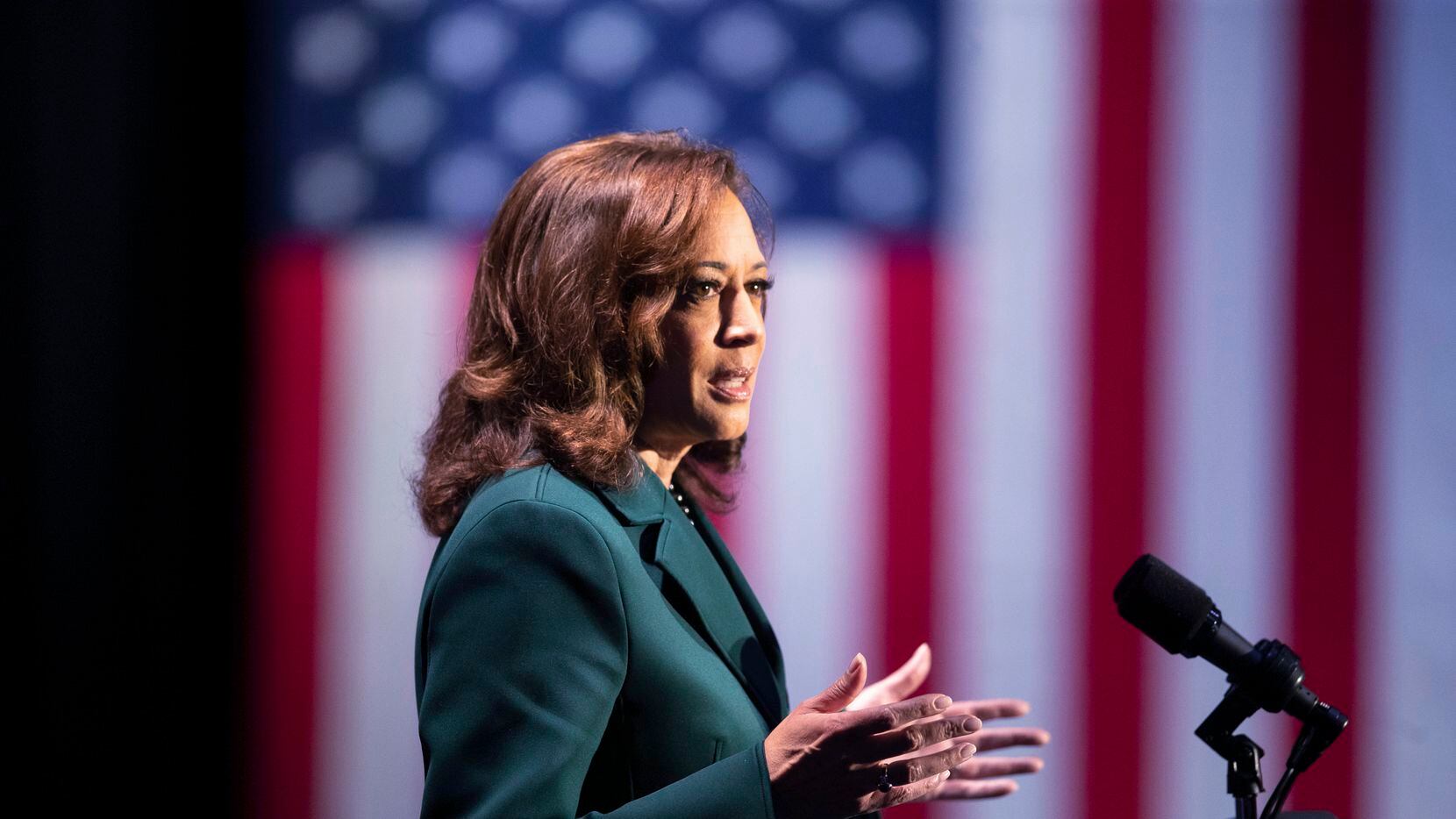 Vice President Kamala Harris speaks to a crowd at The Moon in Tallahassee, Fla. on the 50th...