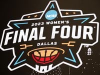 The Dallas 2023 Women's Final Four Logo on display on the giant video board at the AT&T...