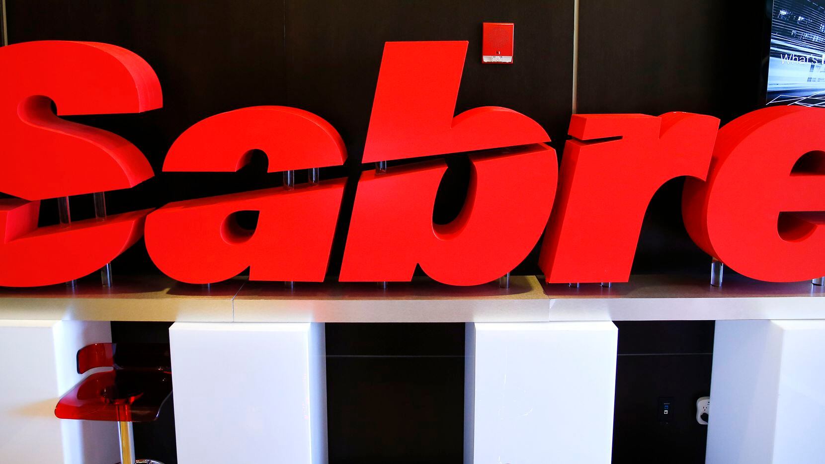 Sabre logo on display at the investor day conference held at the Hilton Southlake Town Square, Tuesday, March 6, 2018.  The technology and software company outlined its strategy for 2018 and surveyed the competitive landscape. (Tom Fox/The Dallas Morning News)