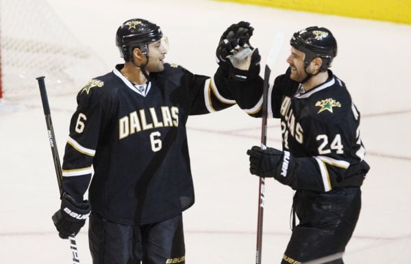 Dallas defenseman Trevor Daley (6) and left winger Eric Nystrom celebrate a goal during the second period of the Stars-Maple Leafs game at American Airlines Center in Dallas on Friday, Nov. 25, 2011.