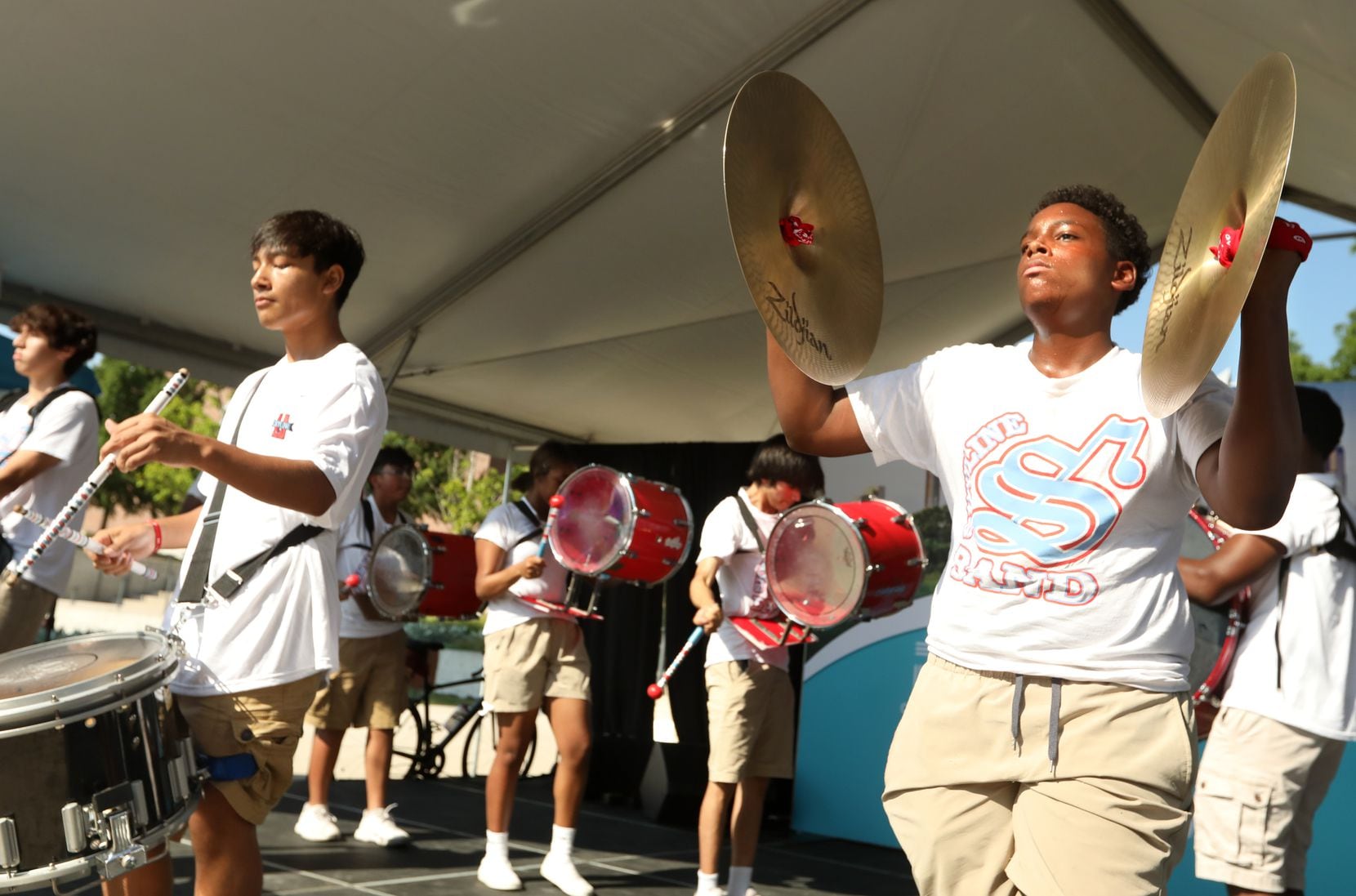 Members of the Skyline High School drum line perform during the Summer of Safety celebration...