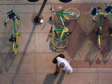 A pedestrian walks around a fallen rental bike at the corner of Harwood and Elm Streets in...