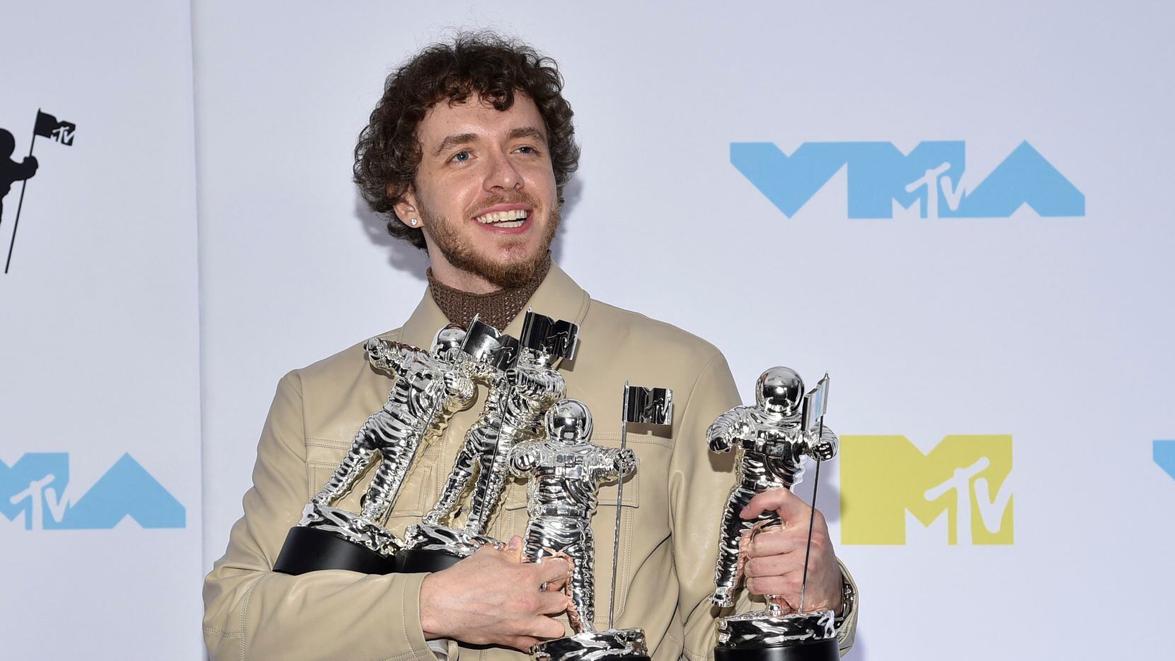 Jack Harlow poses in the press room with his awards at the MTV Video Music Awards at the...