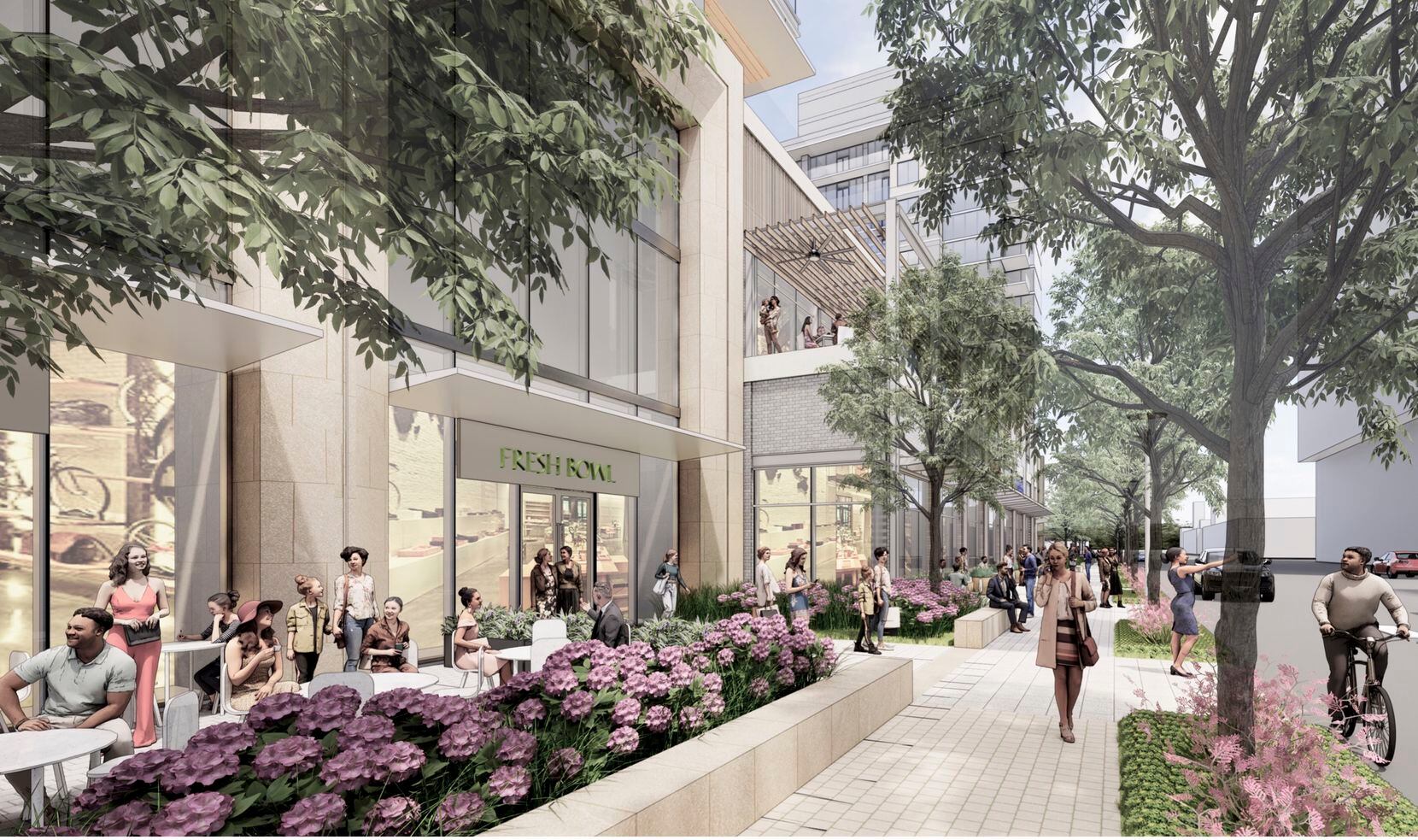 Along Luther Lane, the project includes wide sidewalks and outdoor dining.