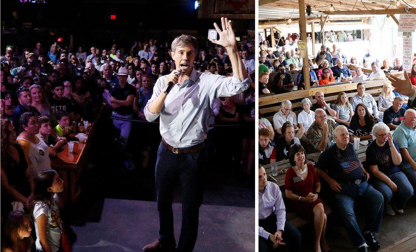 Beto O'Rourke talks to voters during a rally at the Houston Stampede Event Center in Houston...