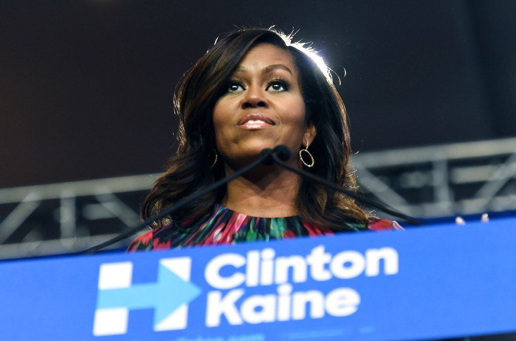 First lady Michelle Obama stumped for Hillary Clinton during a speech on Tuesday, Oct. 4,...