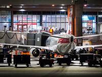 Baggage carts pass an American Airlines plane at the gates of Terminal C at DFW Airport on...