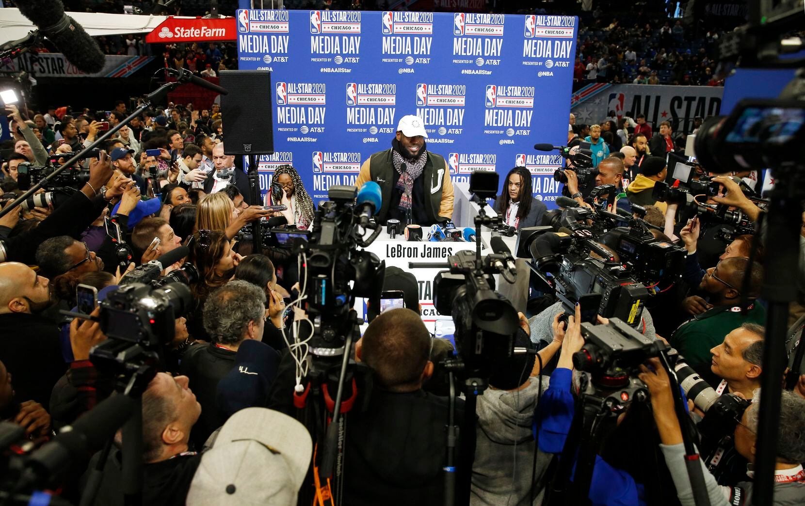 Team LeBron's Los Angeles Lakers LeBron James (2)  answers questions from the media during...