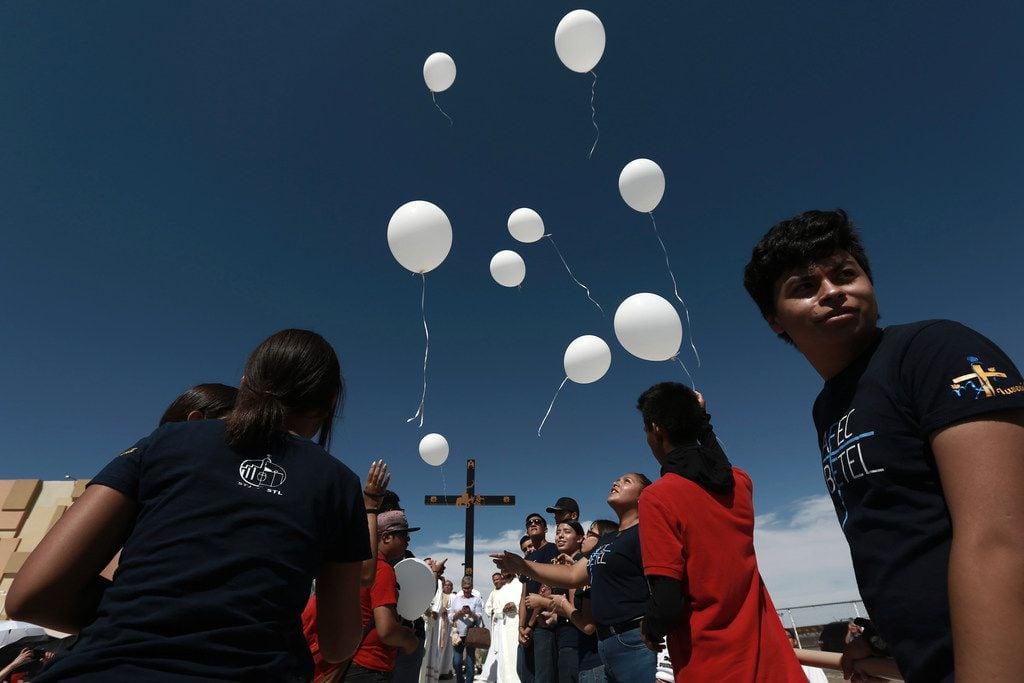 People release balloons during a Mass for peace in Ciudad Juarez, Mexico, on Aug. 10, 2019,...