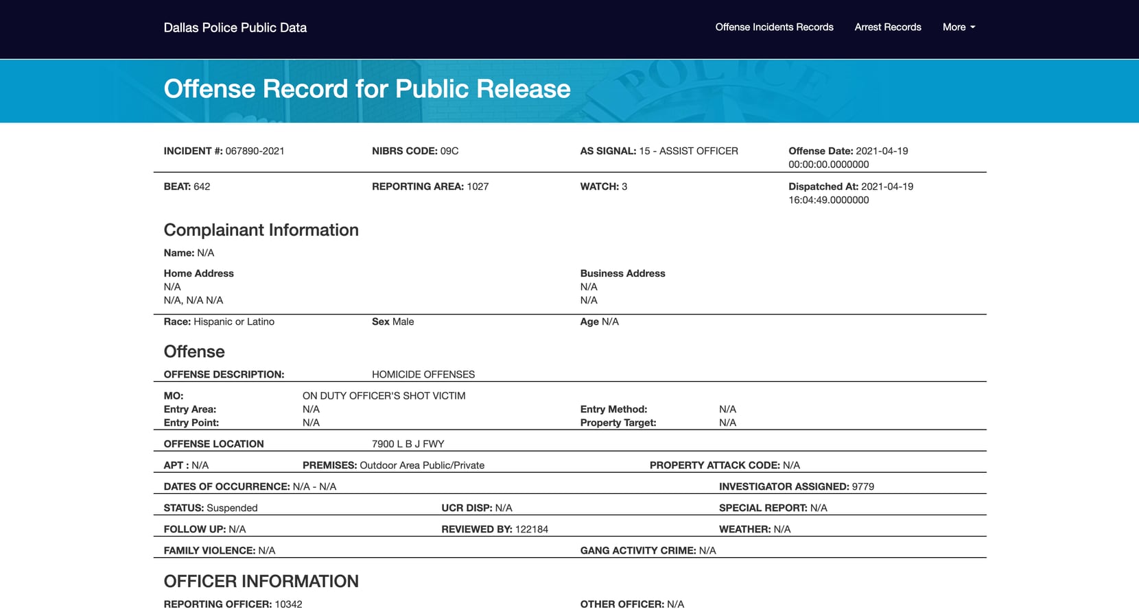 A screenshot of what information is now available about a homicide via the Dallas Police...