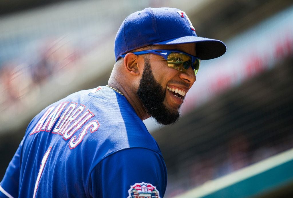 Texas Rangers shortstop Elvis Andrus (1) smiles in the dugout during the first inning of an MLB game between the Texas Rangers and the Seattle Mariners on Sunday, September 1, 2019 at Globe Life Park in Arlington. 
