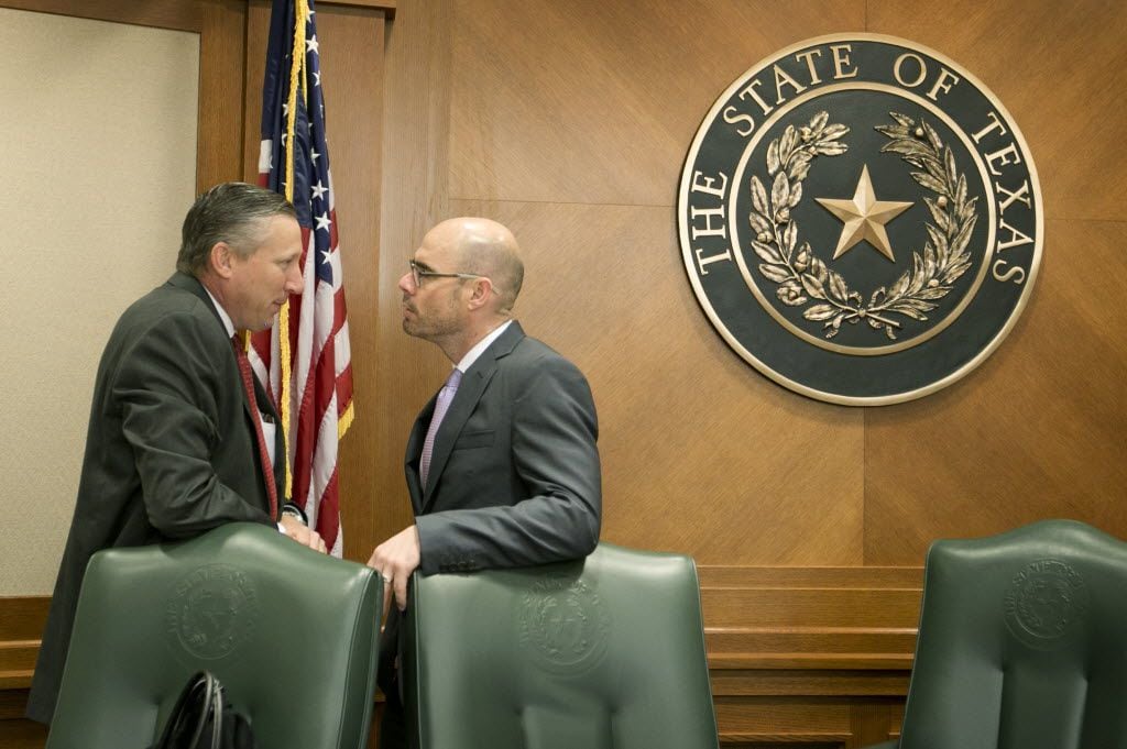 Rep. Drew Springer, left, talks to Rep. Dennis Bonnen, Chair of the House Ways and Means Committee, before a hearing on Senate Bill 1 at the Capitol on Tuesday May 12, 2015.  JAY JANNER / AMERICAN-STATESMAN ORG 