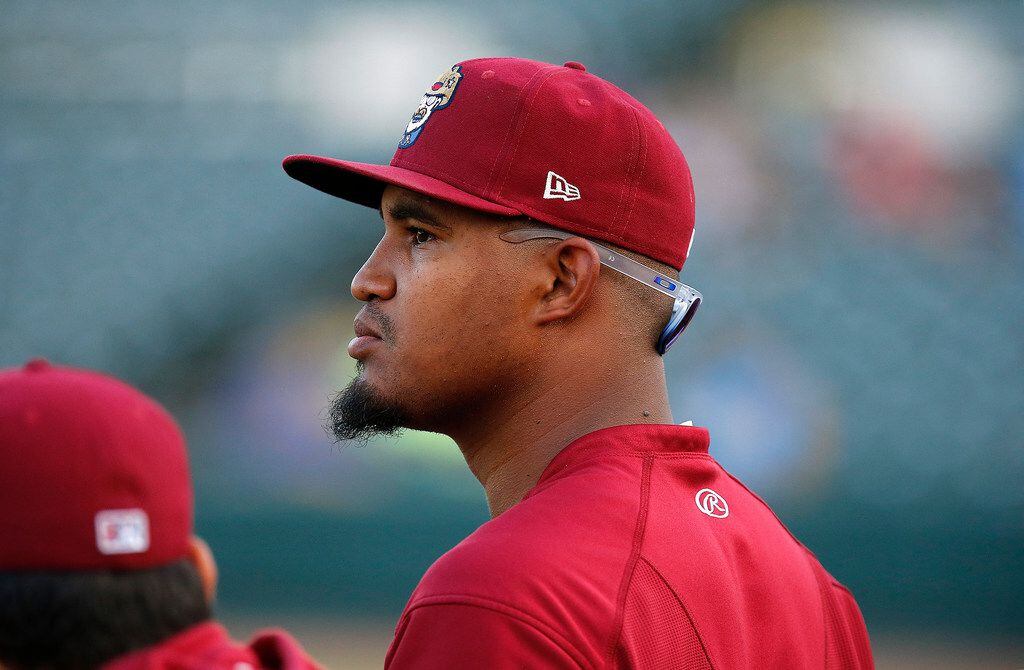 Frisco RoughRiders pitcher Yohander Mendez looks on as the Frisco RoughRiders hosted the...