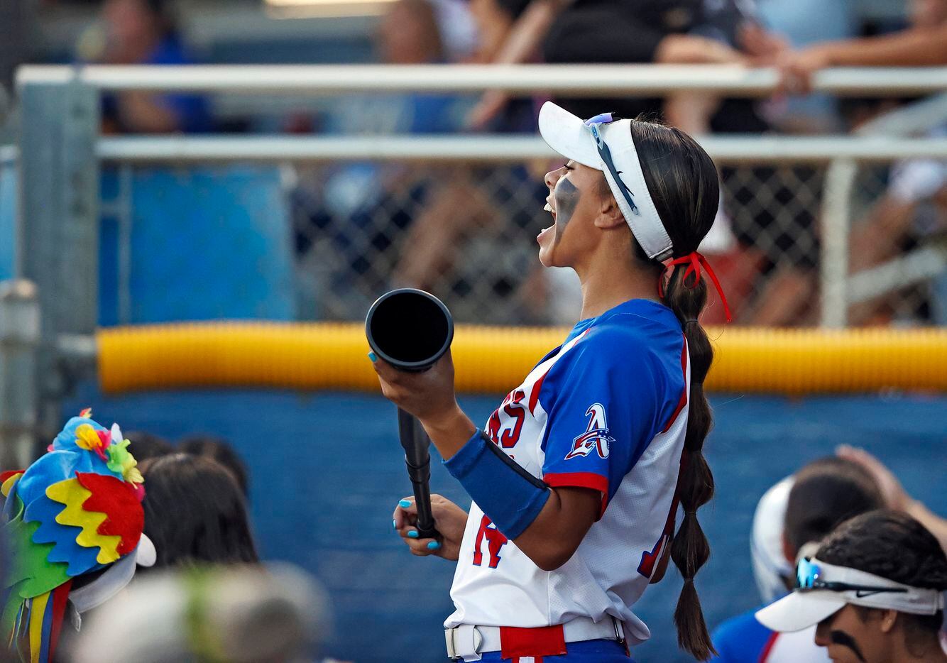 El Paso Americas' Sydney Saenz (14) cheers during the game against Flower Mound Marcus,...