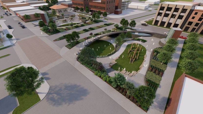 Design for the Highway 5 downtown pedestrian connection deck park.
