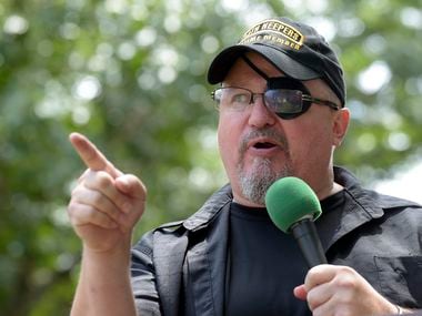 Stewart Rhodes, founder of the citizen militia group known as the Oath Keepers speaks during a rally outside the White House in Washington, Sunday, June 25, 2017. Rhodes was one of many speakers at the "Rally Against Political Violence," that was to condemn the attack on Republican congressmen during their June 14 baseball practice in Virginia and the "depictions of gruesome displays of brutality against sitting U.S. national leaders."