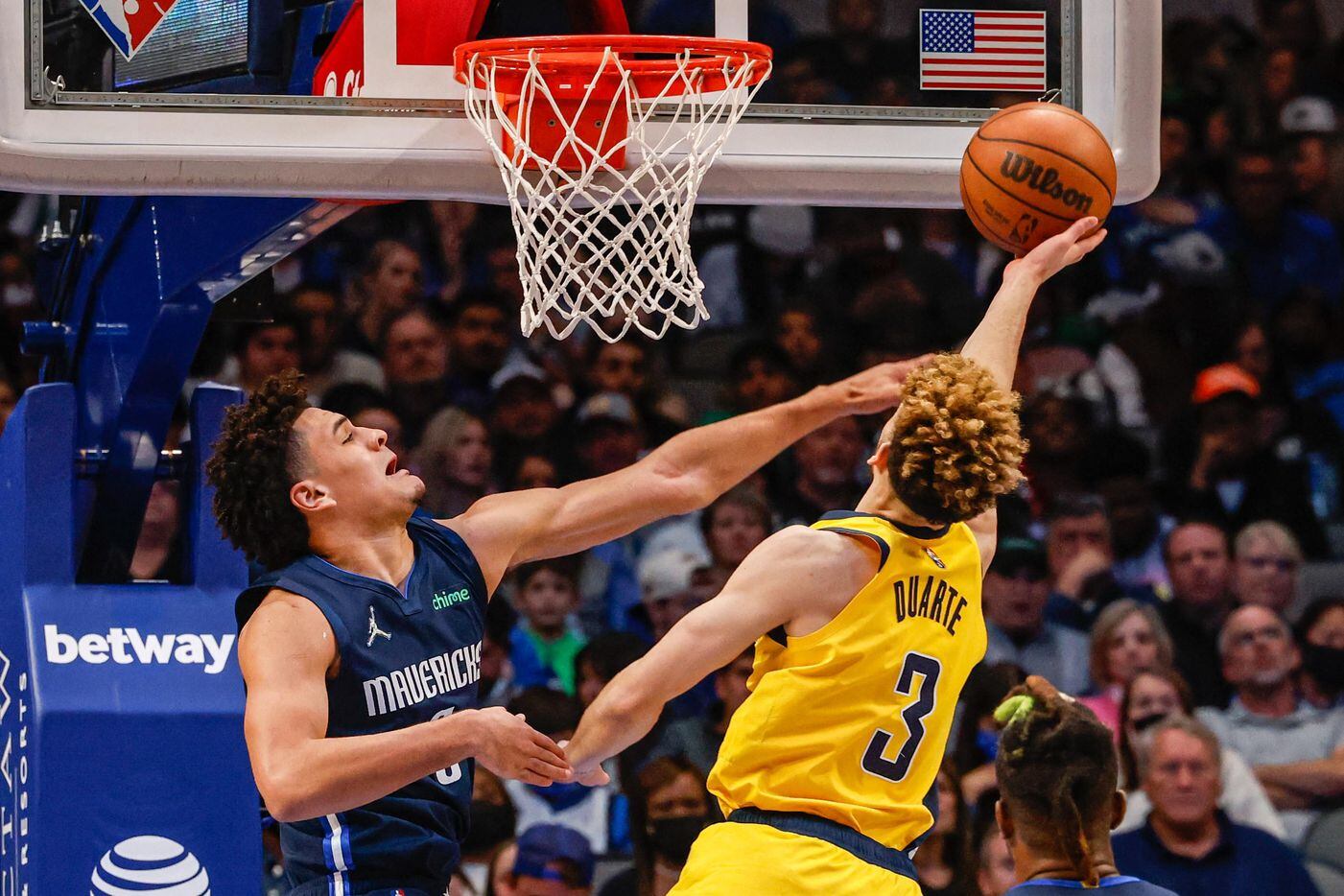 Indiana Pacers guard Chris Duarte (3) goes for a shot as Dallas Mavericks forward George King (8) tries to block him during the second half at the American Airlines Center in Dallas on Saturday, January 29, 2022.