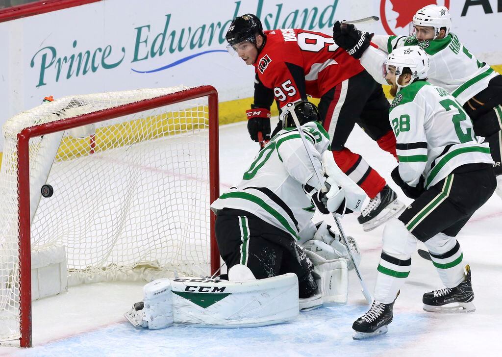 Ottawa Senators center Matt Duchene (95) scores on Dallas Stars goaltender Ben Bishop (30)...