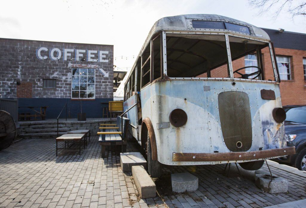 A converted bus offers outdoor seating at Davis Street Espresso
