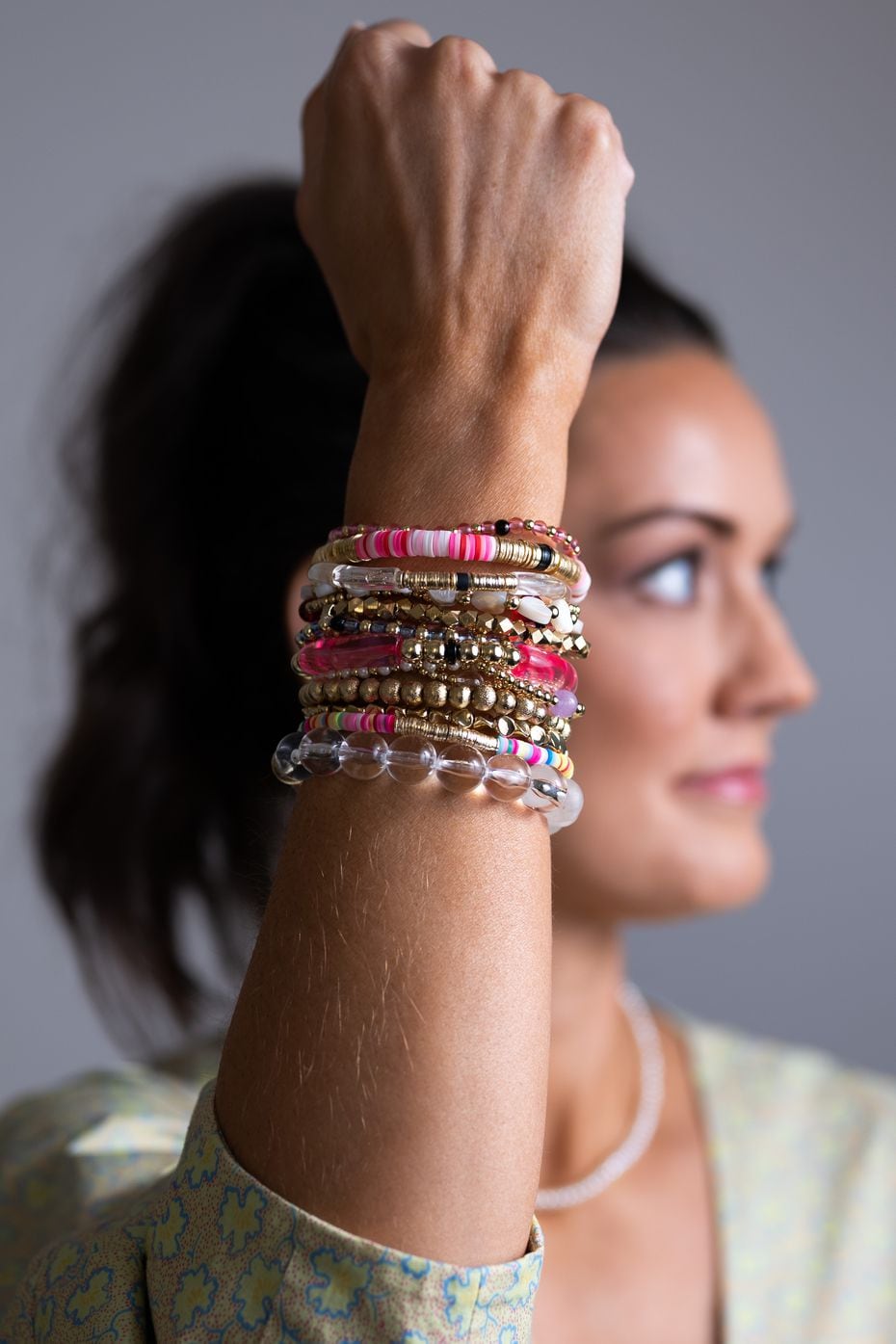 Co-founder Allie Wardlaw wears a variety of Allie + Bess bracelets with styles in ...
