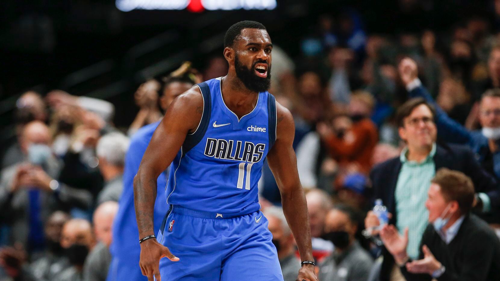 Dallas Mavericks forward Tim Hardaway Jr. (11) celebrates a three-point shot during the first half of an NBA basketball game against the Charlotte Hornets in Dallas, Monday, December 13, 2021. (Brandon Wade/Special Contributor)