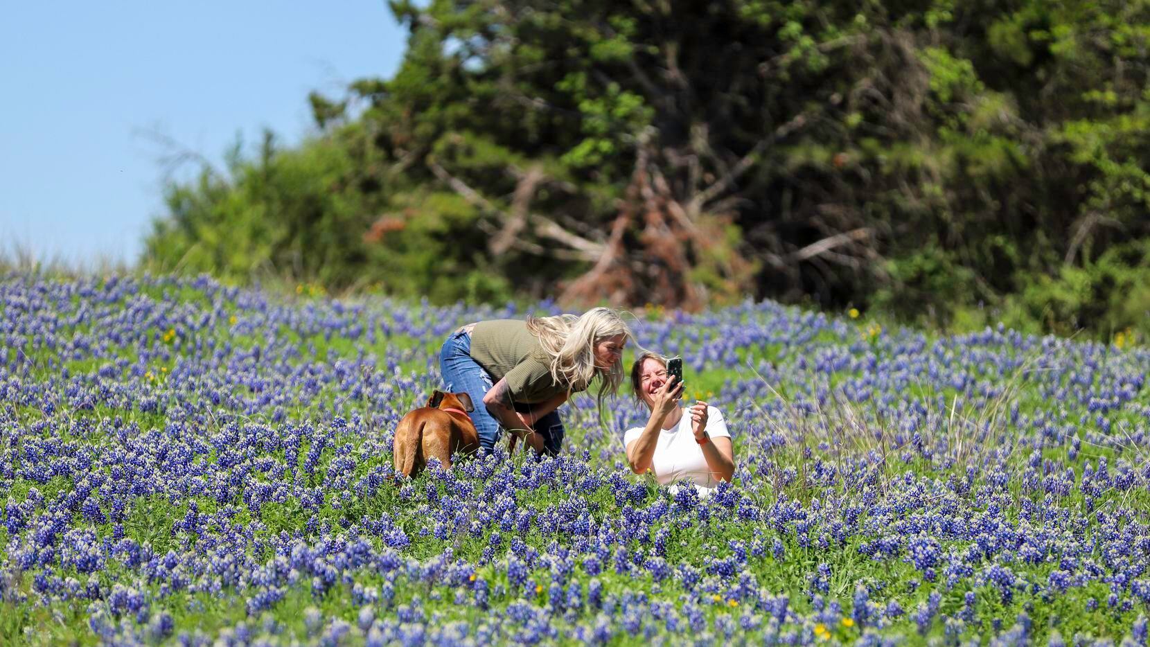 Kaitlyn Brown (left) and Brittanie Jordan of Roanoke review their shots in the bluebonnets...