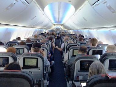 The interior of an American Airlines Boeing 737 NG.