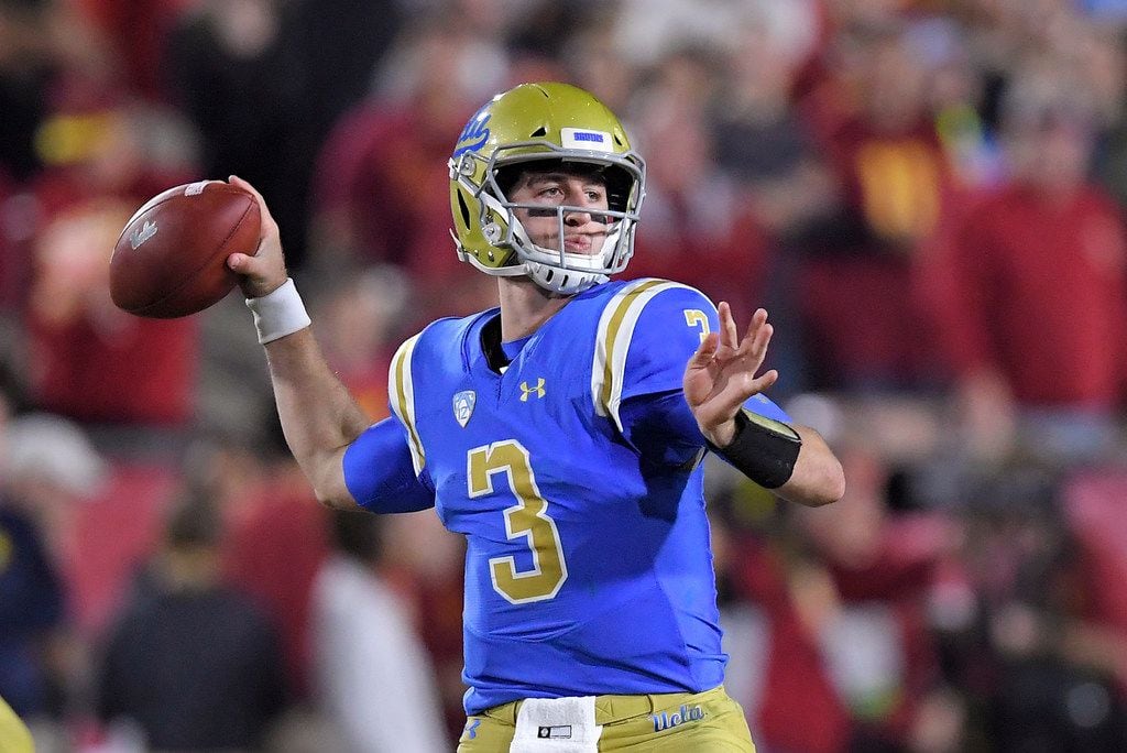 FILE - In this Saturday, Nov. 18, 2017 file photo, UCLA quarterback Josh Rosen passes during the first half of an NCAA college football game against Southern California in Los Angeles. (AP Photo/Mark J. Terrill, File)