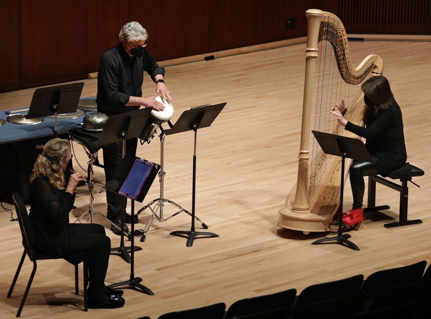 Flutist Helen Blackburn, percussionist Drew Lang and harpist Emily Levin perform during the...