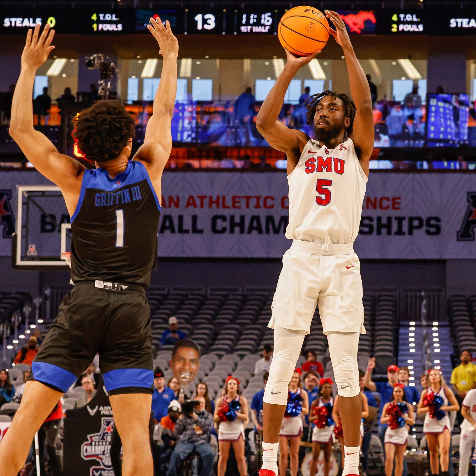 Southern Methodist Mustangs guard Emmanuel Bandoumel (5) goes for a 3-points as Tulsa Golden...