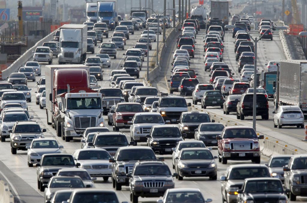 Traffic moves slow and heavy on LBJ Freeway (Interstate 635) between Webb Chapel and Marsh...