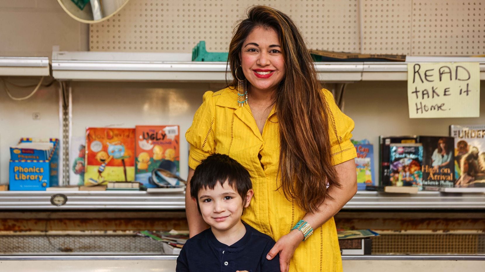 Nelly Cuenca and her 5-year-old son, Bean, who started a library inside Allen’s, a grocery store in South Dallas for underprivileged children in the area who don’t have access to books. The library receives materials through donations. Cuenca also runs a nonprofit for single mothers raising sons, called MaaPaa. The organization provides tutoring services and also hosts a monthly reading circle.