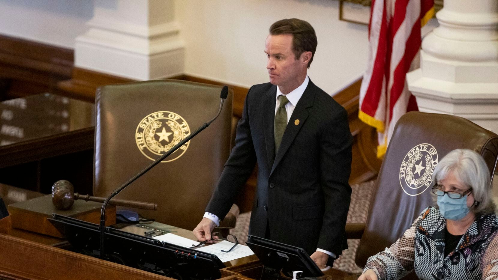 House Speaker Dade Phelan stands at the dais in the House chamber of the Texas Capitol in Austin on Wednesday, March 17, 2021. (Juan Figueroa/ The Dallas Morning News)