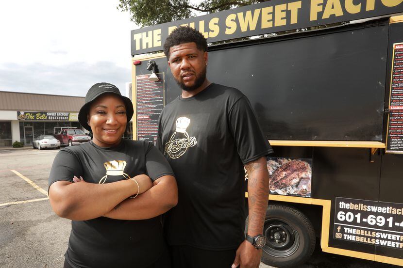 Ashley Johnson, left, and Thaddeus Bell photographed at the new Bells Sweet Factory in Plano