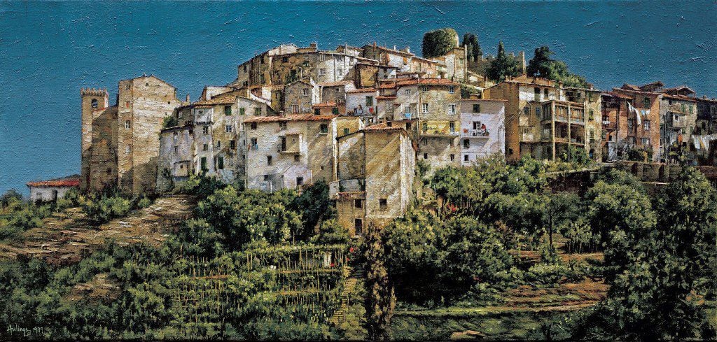 Clark Hulings, A Hilltop Town in Liguria, oil on Canvas, 17 x 36 , Italy, 1999