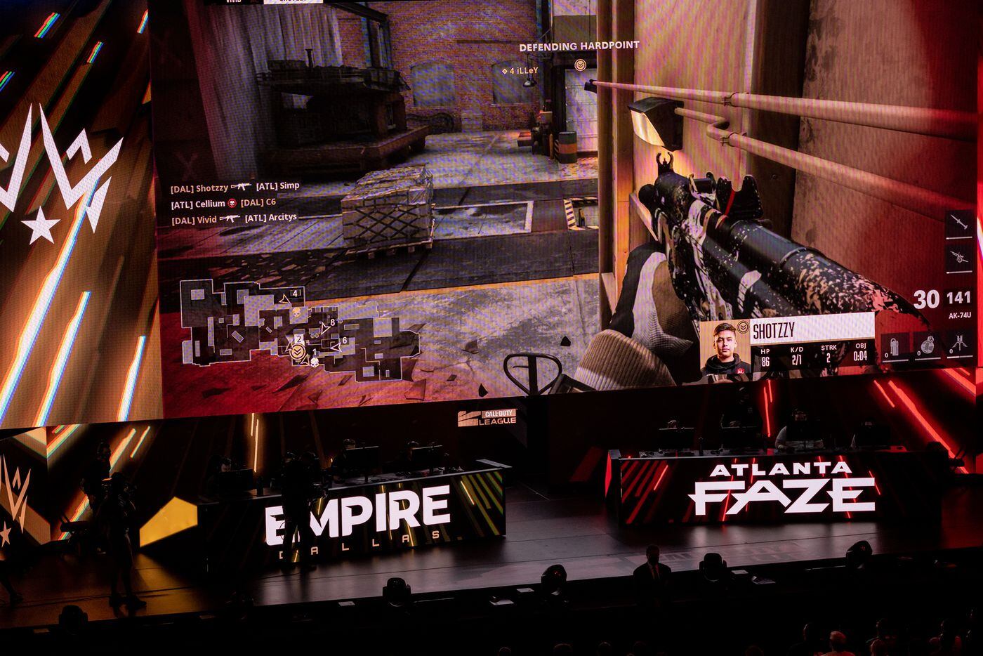 The Dallas Empire's Anthony “Shotzzy” Cuevas-Castro is seen onscreen at the start of  the winners final of the Call of Duty league playoffs against the Atlanta FaZe  at the Galen Center on Saturday, August 21, 2021 in Los Angeles, California. The Empire lost to FaZe 0 - 3 in their first match of the day but are still in contention to play in the finals through the elimination finals. (Justin L. Stewart/Special Contributor)