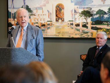 T. Boone Pickens (left) speaks as Rep. Pete Sessions looks on during a dedication ceremony...